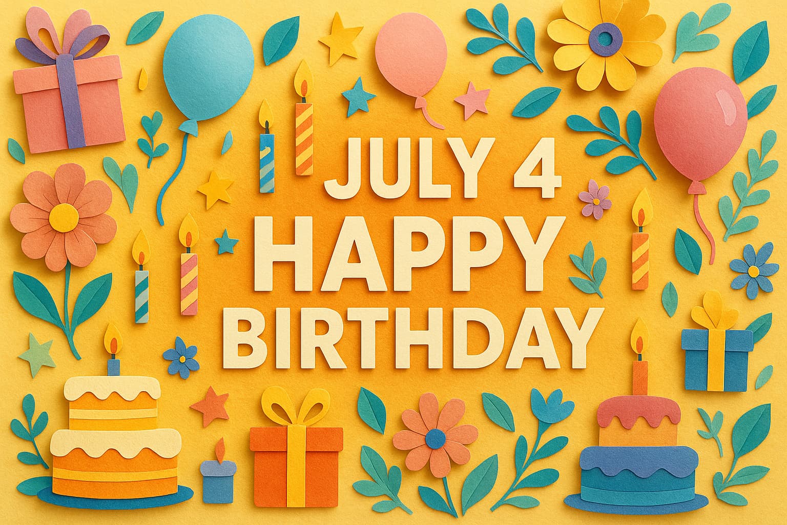 7月4日生まれの誕生日を祝うカラフルで華やかなペーパーアート風イラスト。ケーキ、風船、プレゼントが細かい色彩で描かれた楽しい雰囲気。