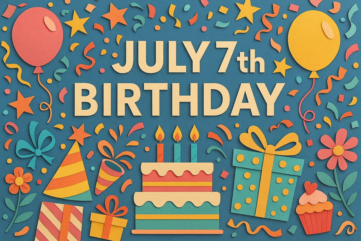 7月7日誕生日を祝うカラフルなペーパーアート風イラスト