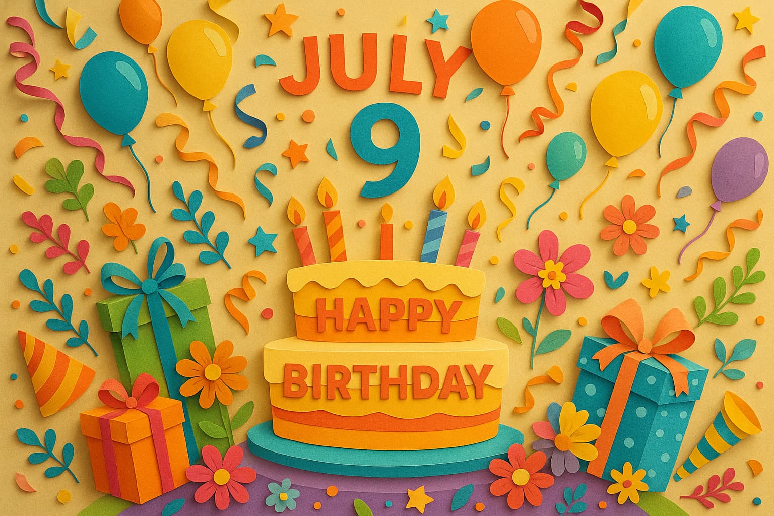 カラフルなペーパーアート風で表現された「7月9日 誕生日」の華やかなバースデーイラスト