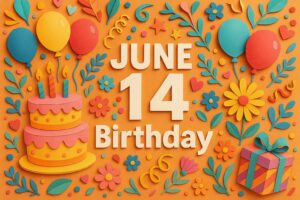 6月14日生まれの芸能人や有名人を祝うカラフルで華やかなペーパーアート風の誕生日イラスト