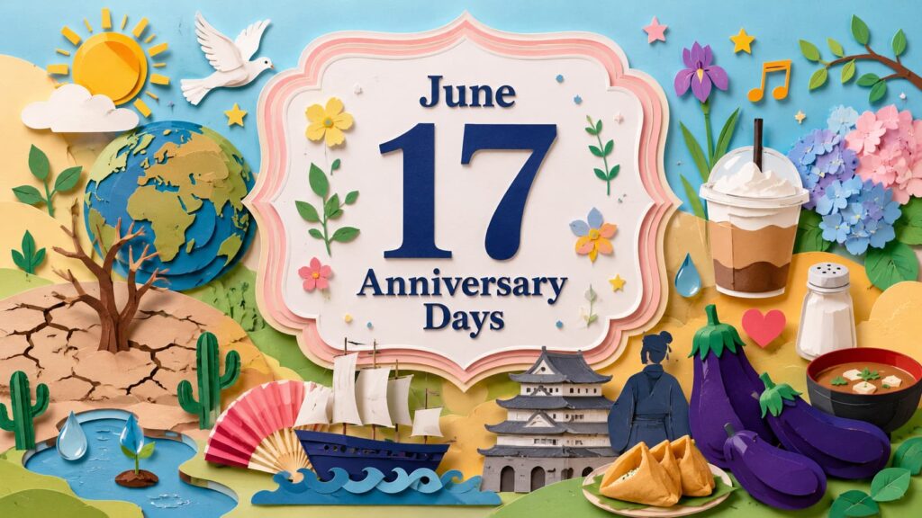 6月17日は何の日、砂漠化および干ばつと闘う国際デー、薩摩の日、ファミマのフラッペの日、国産なす消費拡大の日、減塩の日を紹介