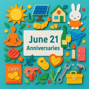 6月21日の記念日を象徴するカラフルなペーパーアート。夏至や国際ヨガの日、ミッフィーの日など多彩な記念日を表現。