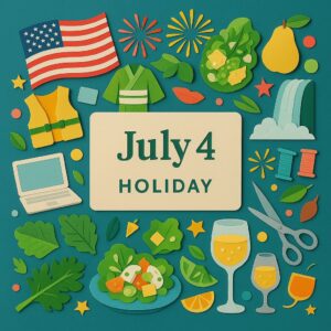 7月4日の記念日を表現したカラフルなペーパーアートと「July 4 Holiday」のメッセージカード