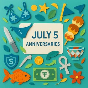 7月5日の記念日を象徴するアイテムをカラフルな紙で表現したペーパーアート。ビキニやみたらし団子、魚、盾などが描かれたデザイン。