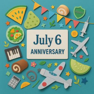 7月6日の記念日を象徴するサラダやピアノ、零戦、ロールケーキなどがカラフルに表現されたペーパーアート風イラスト