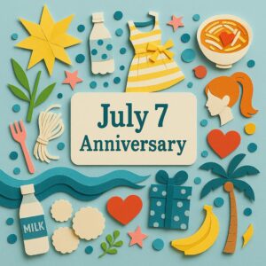 7月7日の記念日をテーマにしたカラフルで華やかなペーパーアート。七夕、カルピス、ポニーテール、世界遺産など多彩なモチーフが表現されている。