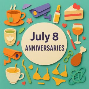 7月8日の記念日をテーマにしたカラフルなペーパーアート。質屋の日、なはの日、ナイスバディーの日、中国茶の日など多彩な記念日を象徴するアイテムが散りばめられている。