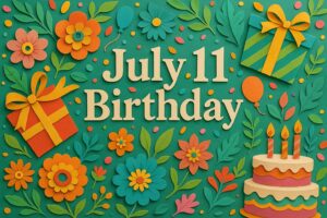 7月11日生まれの芸能人や有名人を祝うカラフルで華やかなペーパーアート風の誕生日イラスト