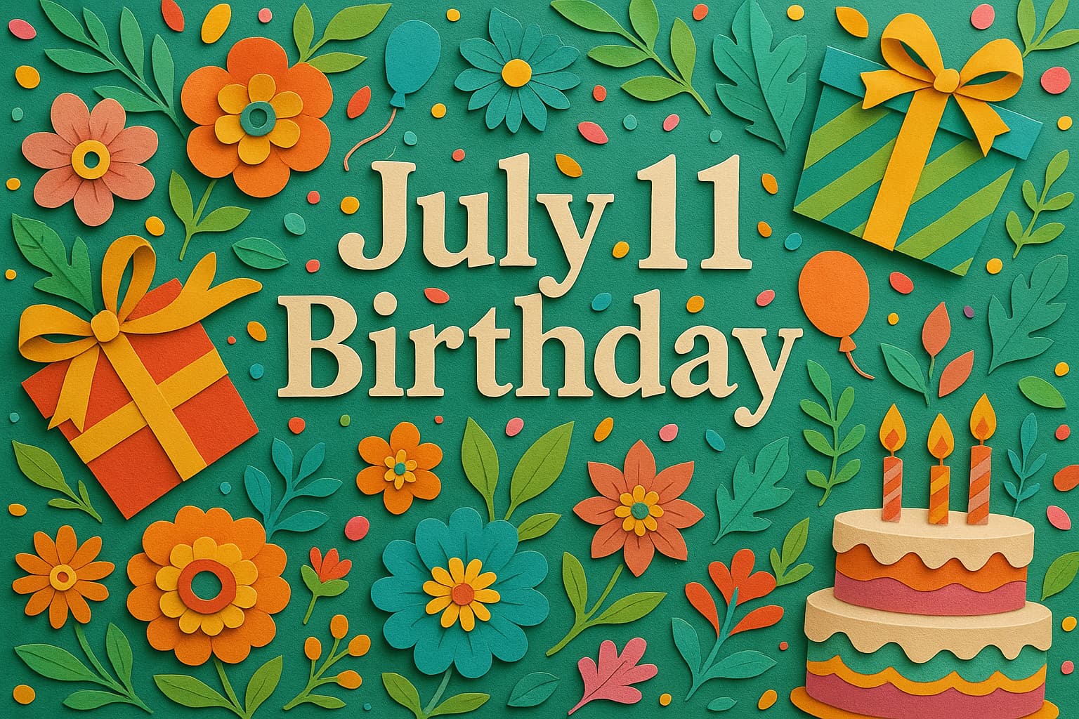 7月11日生まれの芸能人や有名人を祝うカラフルで華やかなペーパーアート風の誕生日イラスト