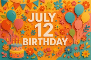 7月12日誕生日を華やかに祝うペーパーアート風イラスト、風船や花に囲まれたカラフルな装飾