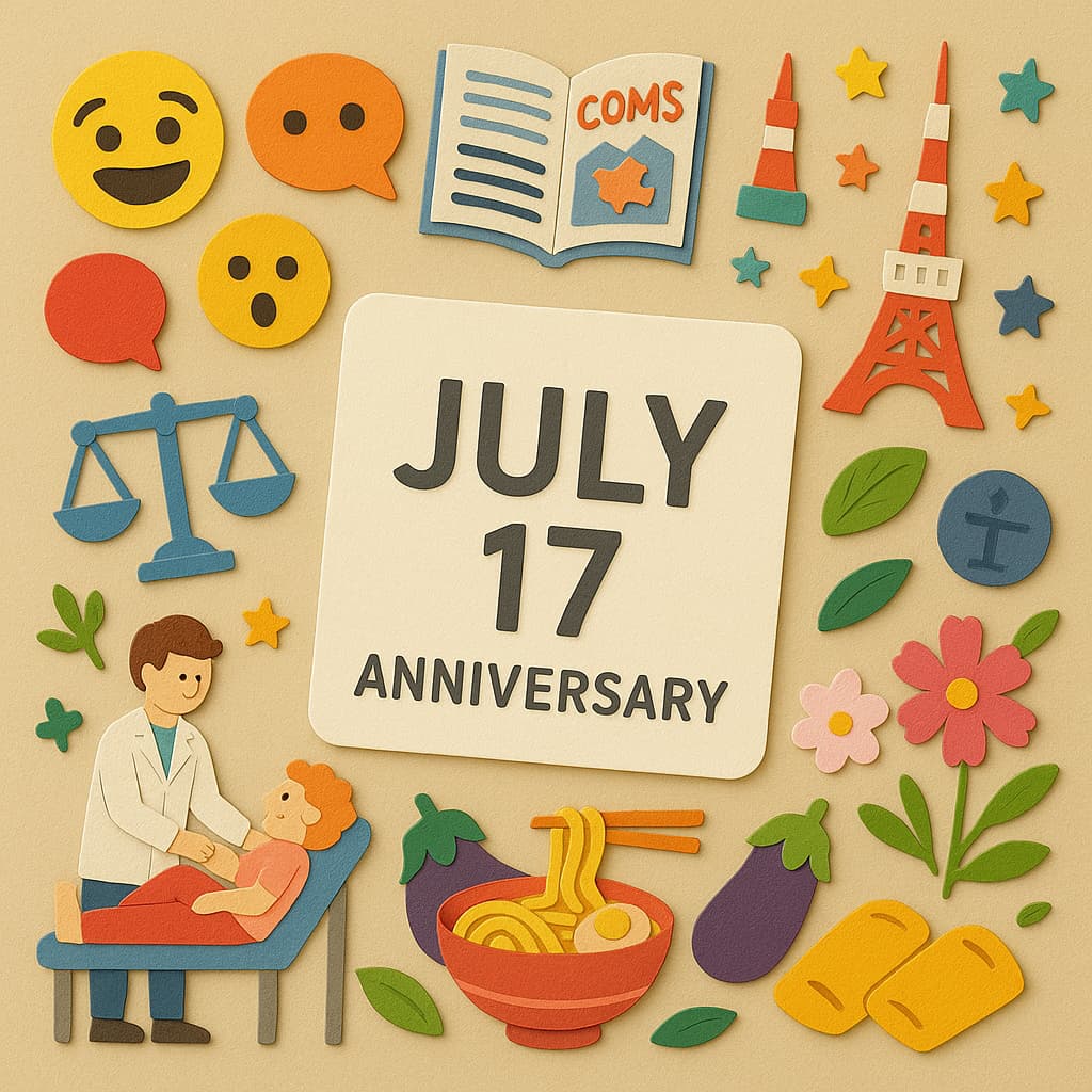 7月17日の記念日を象徴するカラフルなペーパーアート。絵文字、漫画、東京タワー、理学療法、ラーメン、なすなどの多彩なモチーフが描かれている。