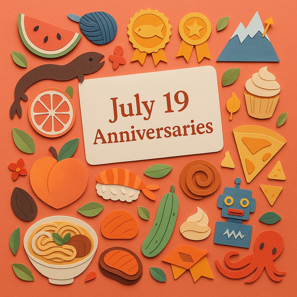 7月19日の記念日をテーマに、うなぎ、桃、寿司、ラーメン、ロボットなど多彩なモチーフをカラフルなペーパーアートで表現した画像