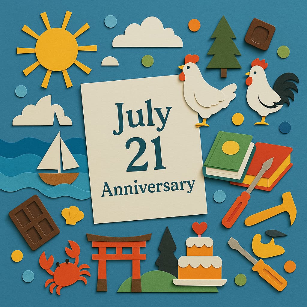 7月21日の海の日や日本三景の日など日本文化と自然に関する記念日が紹介されるカラフルなイメージ
