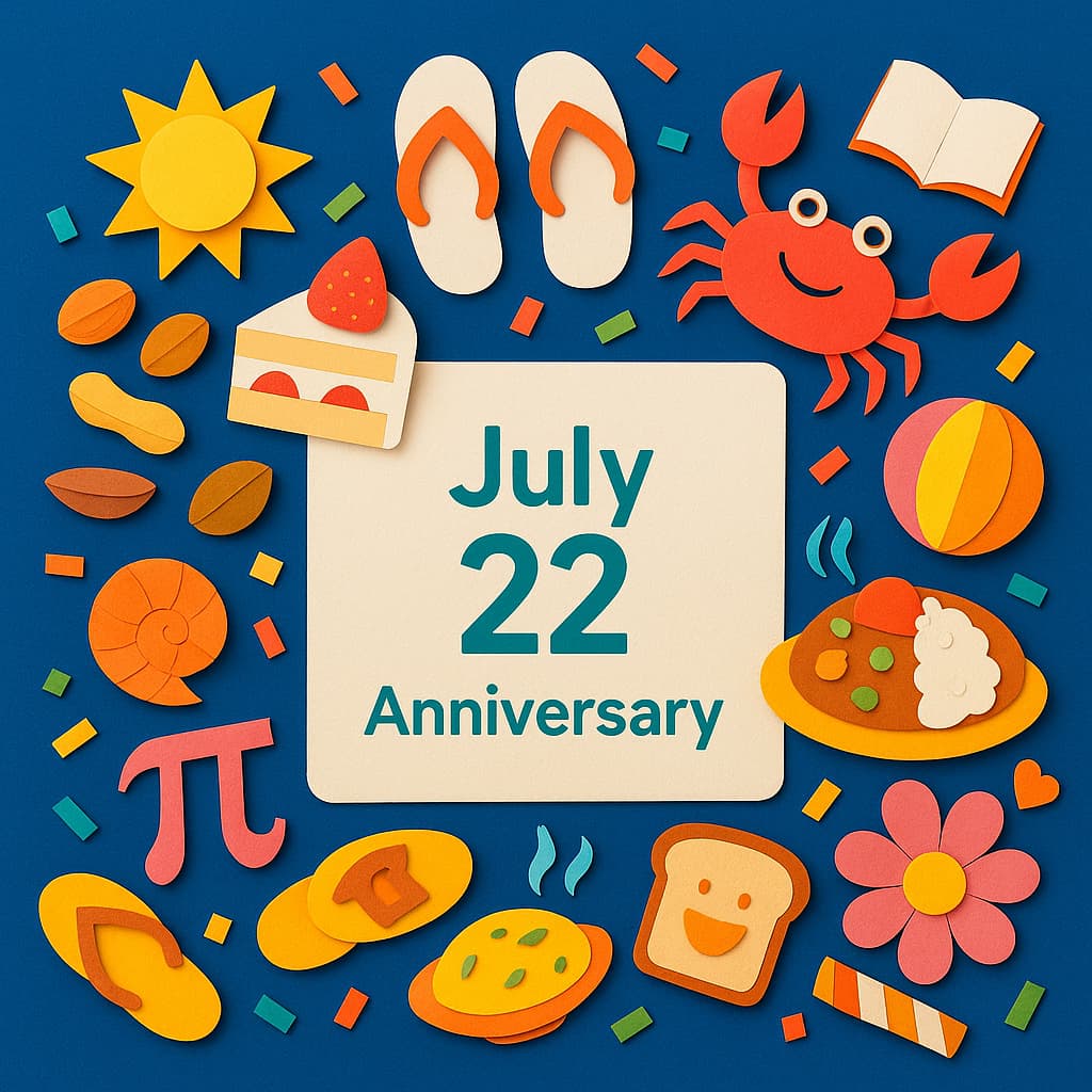 7月22日の記念日、大暑やONE PIECEの日、ナッツの日などを象徴するカラフルなモチーフのイラスト