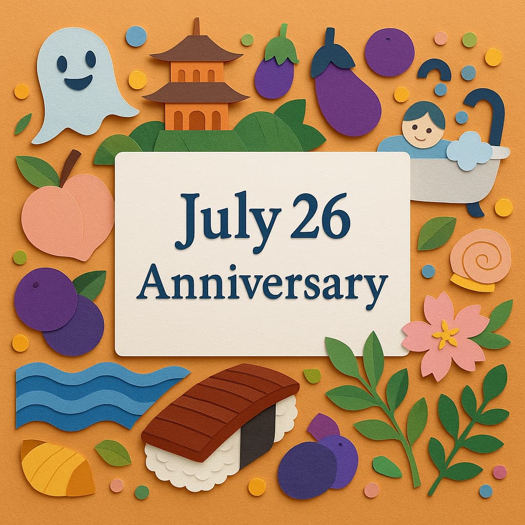 7月26日の記念日、ポツダム宣言記念日や幽霊の日、日光の日など多彩な記念日を象徴するアイテムが描かれたカラフルな紙アート
