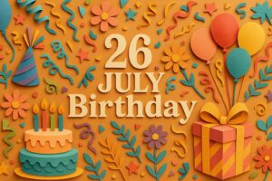 7月26日生まれの芸能人や有名人、山下美月やサンドラ・ブロックなどの誕生日を祝う華やかなペーパーアート風デザイン