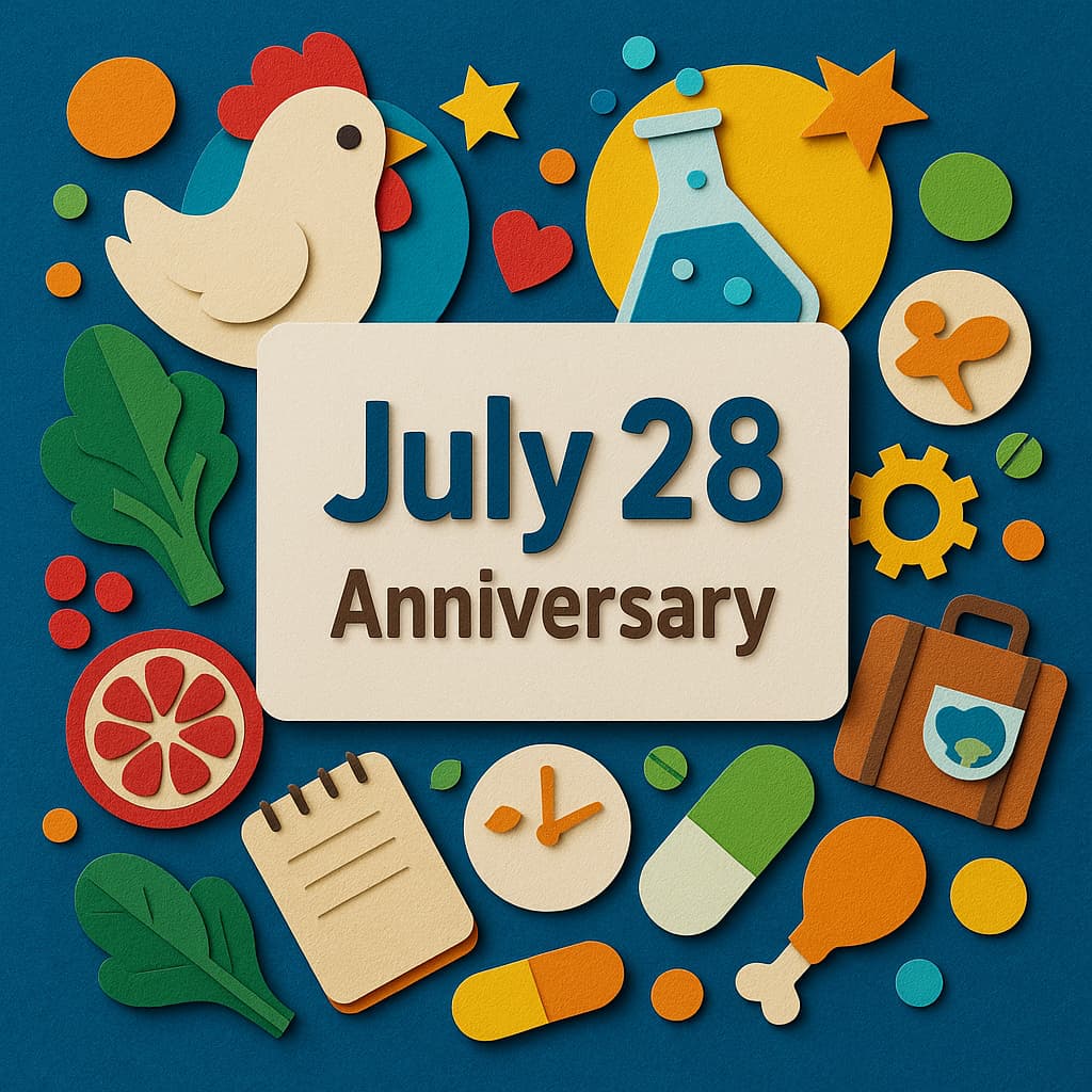 7月28日の世界肝炎デーやなにわの日、自由研究の日など多彩な記念日を象徴するカラフルなアイコン