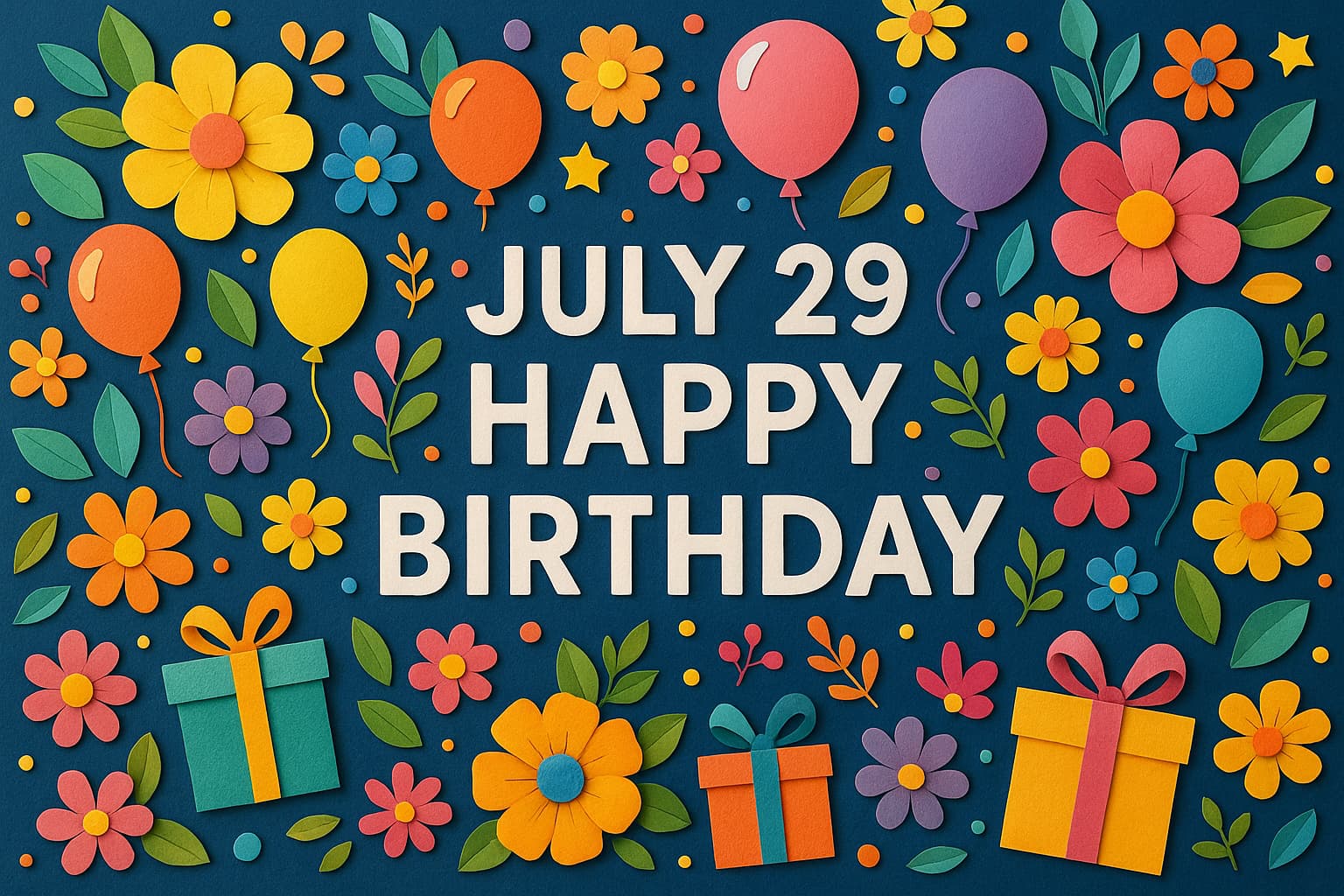 7月29日生まれの芸能人や有名人を祝うカラフルなペーパーアートと誕生日メッセージ