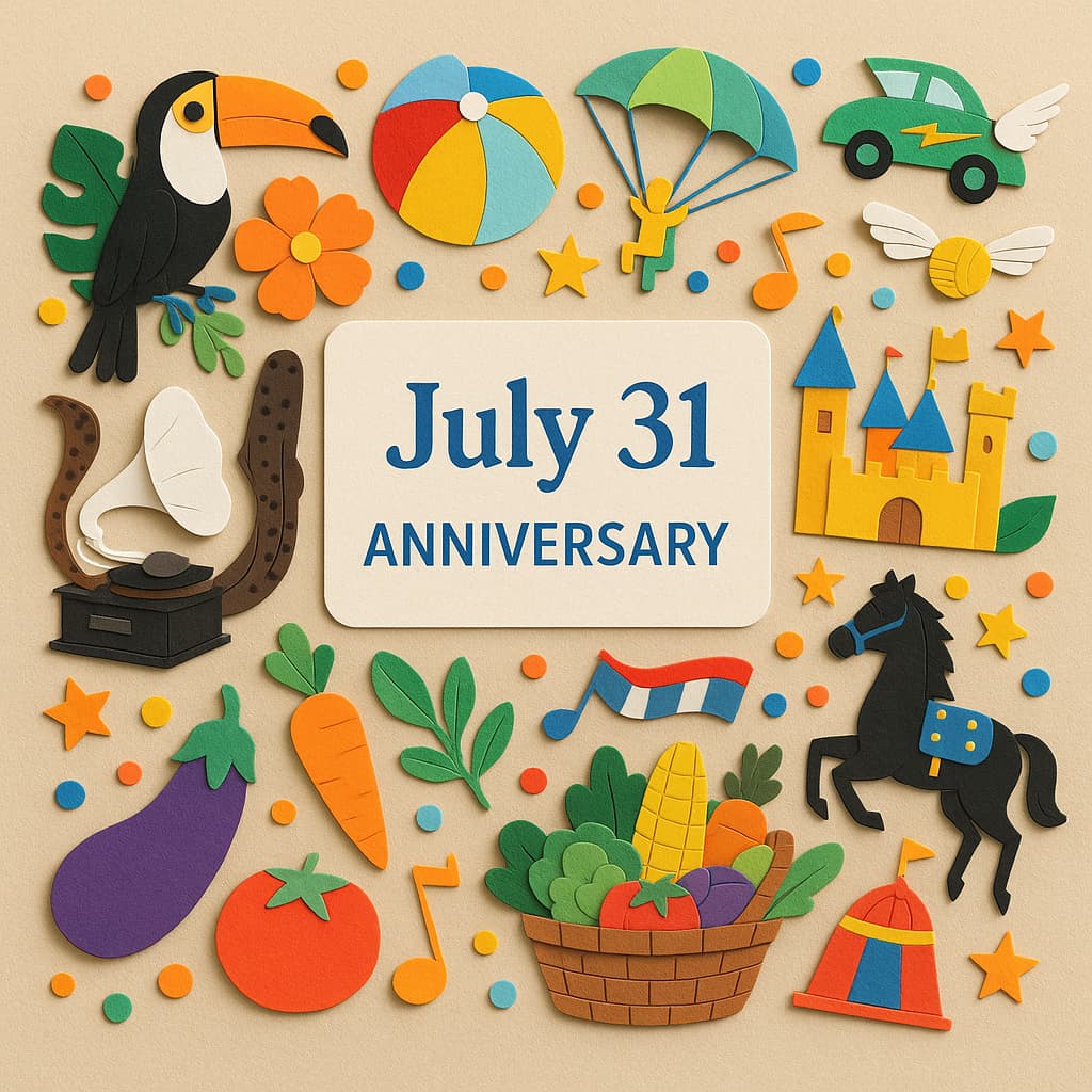 7月31日の記念日一覧、土用の丑の日、蓄音機の日、ハリーポッターの誕生日などを象徴するカラフルなイメージ