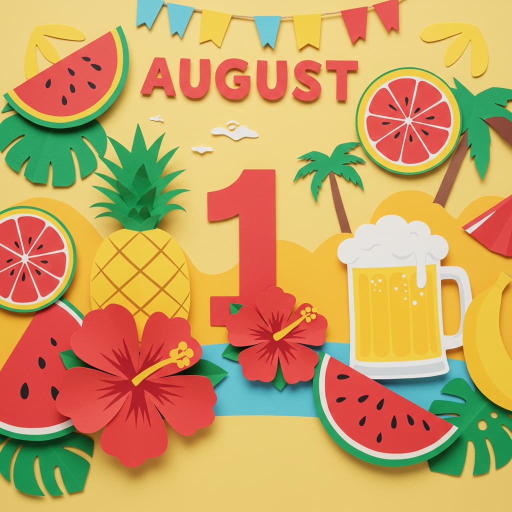 8月1日の記念日を祝うためのカラフルなデザイン。水の日、観光の日、パインの日など多彩な記念日がテーマの楽しさあふれるデザイン。