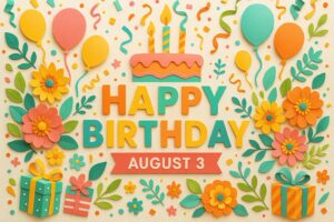 8月3日生まれの芸能人・有名人、安住紳一郎・伊藤英明・ブルゾンちえみらの誕生日を祝うカラフルなペーパーアート風デザイン