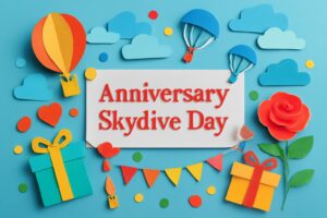 アニバーサリースカイダイビングの日に関する記念日やスカイダイビングの魅力を表現したカラフルなアート。結婚記念日として空を飛ぶ特別な日を祝う。