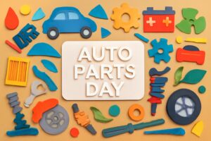 オートパーツの日（8月2日）の記念日を祝うための車のメンテナンスとカスタマイズに関連する色とアイテムを取り入れたデザイン