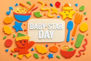 ベビースターの日にちなんだ記念日で、ベビースターラーメンの歴史や魅力を祝うカラフルなデザイン。