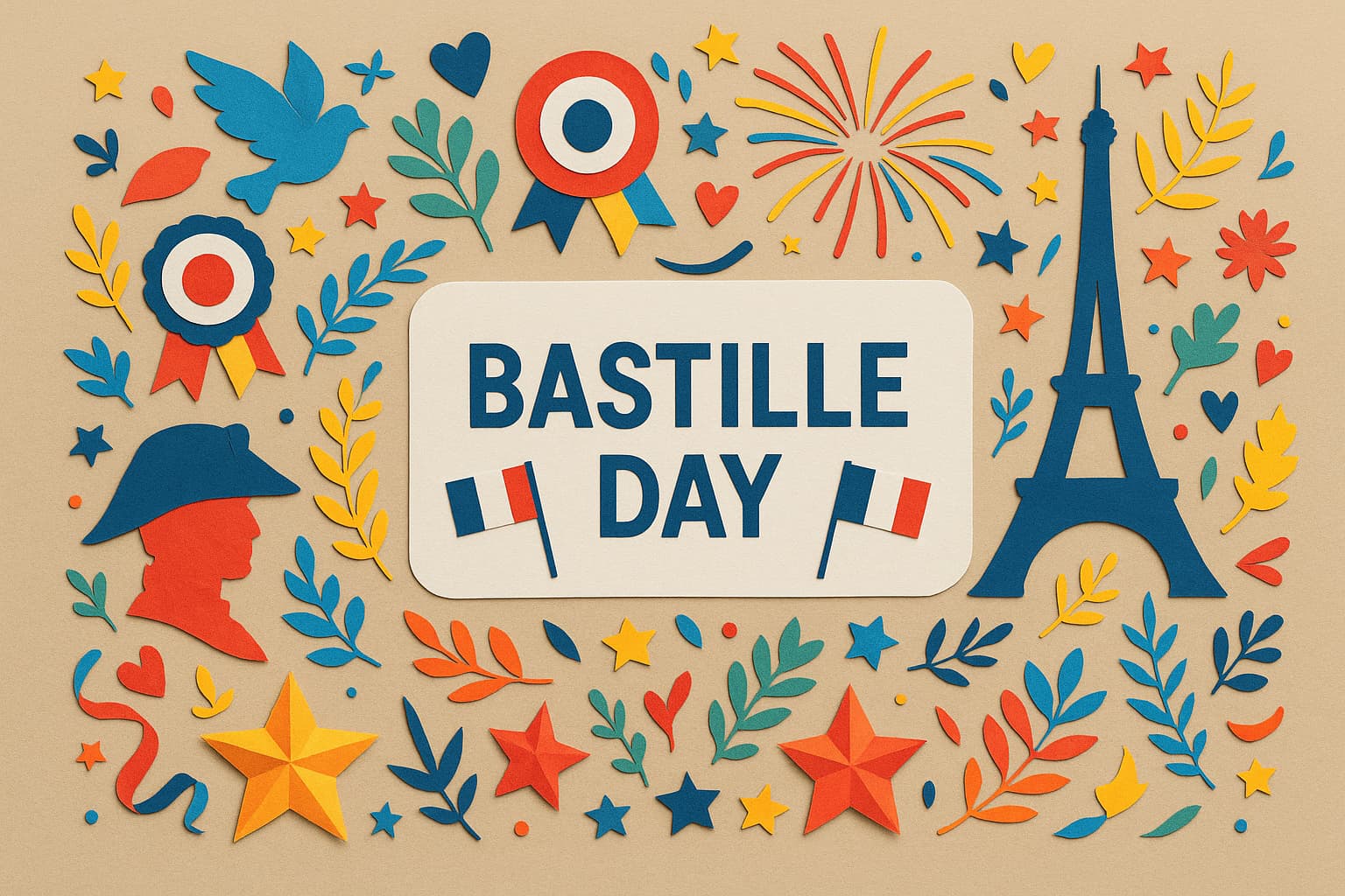 パリ祭・フランス革命記念日を象徴するカラフルなモチーフと「BASTILLE DAY」の英語文字