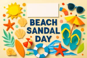 ビーチサンダルの日の記念日を祝うカラフルなビーチサンダルと夏のアイテムが並ぶ手作りのアート