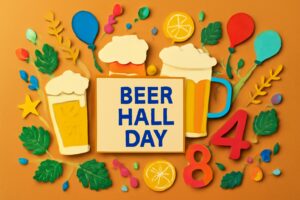 ビヤホールの日を祝うカラフルなイラスト。ビールジョッキや風船、葉っぱが描かれ、8月4日の記念日を表現。