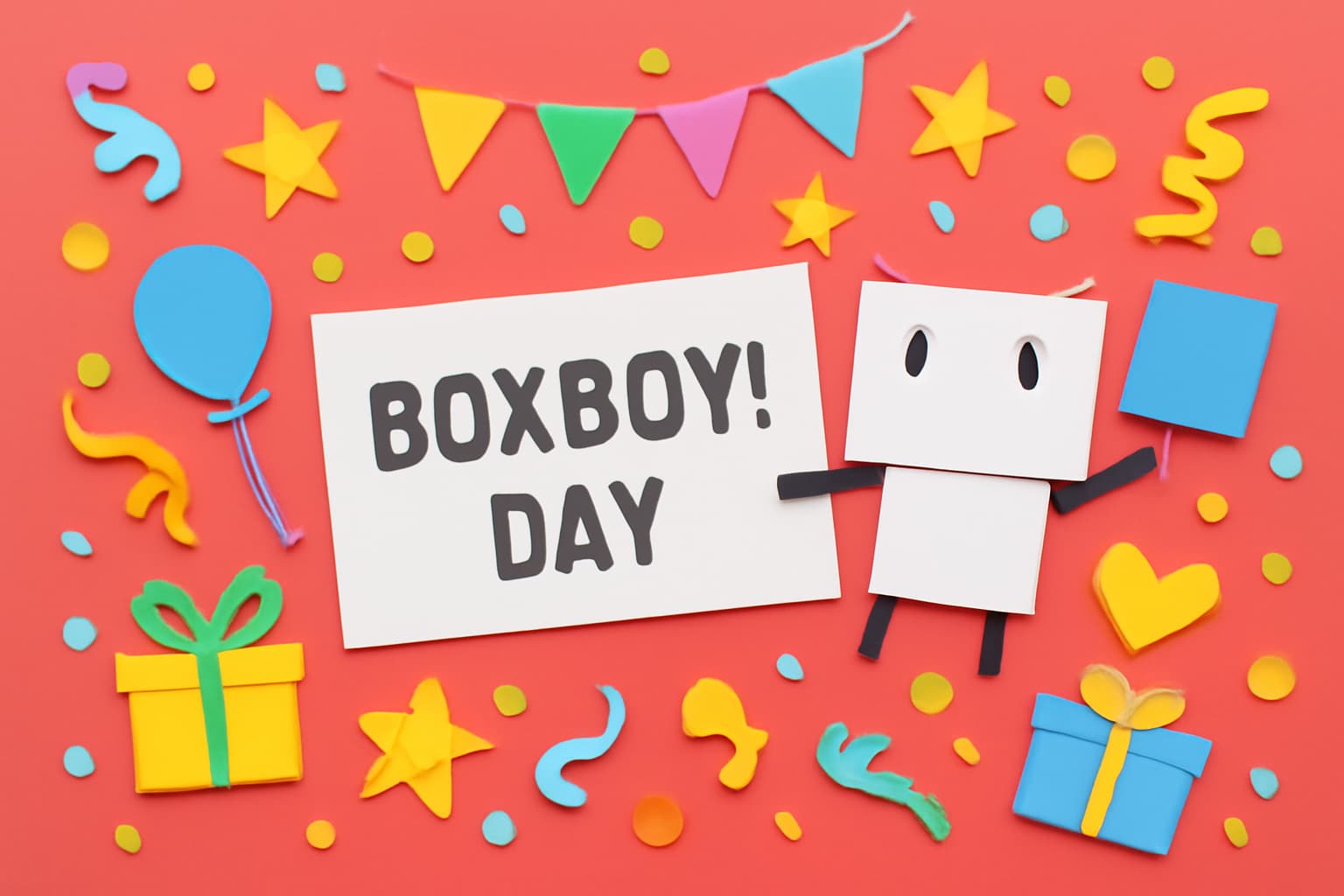 「ハコボーイ！の日」記念日を祝うカラフルな紙細工のアート。ゲーム「ハコボーイ！」の魅力を表現した楽しいデザイン。