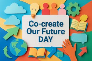 「共創する未来」の日（8月3日 記念日）の重要性を伝えるイメージ。未来を共に創り出す力を象徴するアイテム（地球、光電球、人物、手、書籍）をカラフルに表現したビジュアル。