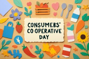 消費生活協同組合の日（7月30日）の記念日を祝うイメージ。生協の理念とその歴史を表現したカラフルで活気あるデザイン。