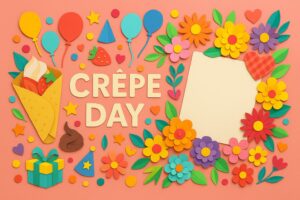 クレープの日の意味や由来を伝えるカラフルなペーパーアートとスイーツのイメージ