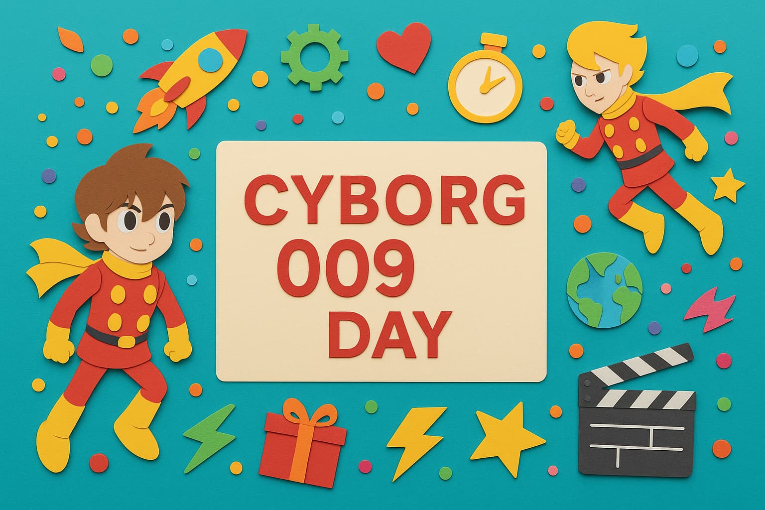 サイボーグ009の日を記念し、009島村ジョーたちが活躍する多国籍ヒーローたちの物語を祝うビジュアル