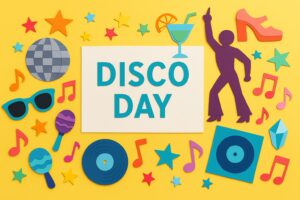 1978年公開の映画『サタデー・ナイト・フィーバー』に由来するディスコの日をカラフルに表現したイラスト