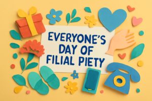 親孝行の日を祝うために、親子の絆を深めるカラフルなメッセージカードと贈り物のイラスト。