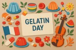 ゼラチンの日（7月14日）を記念し、ゼリーや医薬品、伝統工芸などゼラチンの多彩な用途を表現したカラフルなイメージ