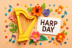 ハープの日（8月2日）の記念日を祝うカラフルで美しいデザイン。ハープの楽器とカラフルな音符や花が鮮やかに描かれ、音楽の魅力とハープの日の重要性を表現しています。