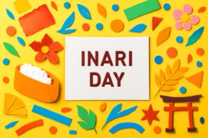 いなり寿司とカラフルな紙細工で彩られた「いなりの日」の記念日デザイン