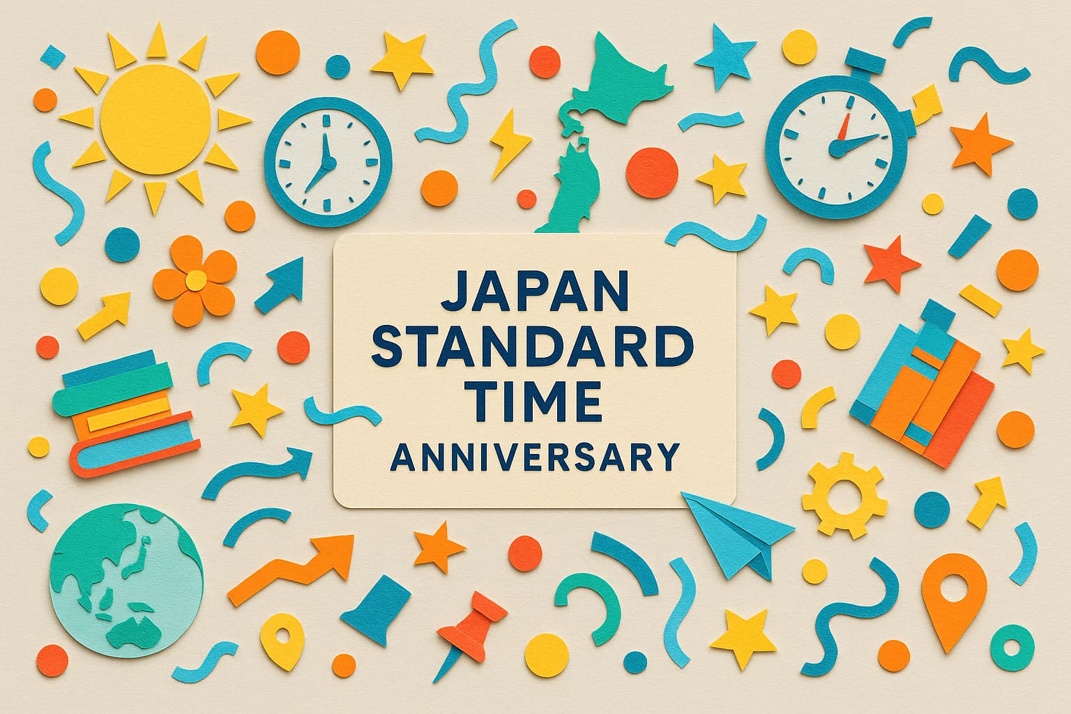 日本標準時制定記念日を象徴する東経135度と明石市の関係をカラフルに表現したデザイン
