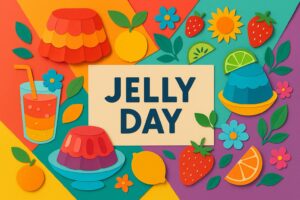 ゼリーの日を祝うカラフルなゼリーや果物が並ぶペーパーアートと「JELLY DAY」の文字