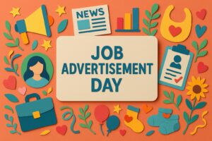 日本初の求人広告が掲載された明治時代の歴史を紹介し、7月14日「求人広告の日」の意義と雇用文化の変遷を伝えるデザイン