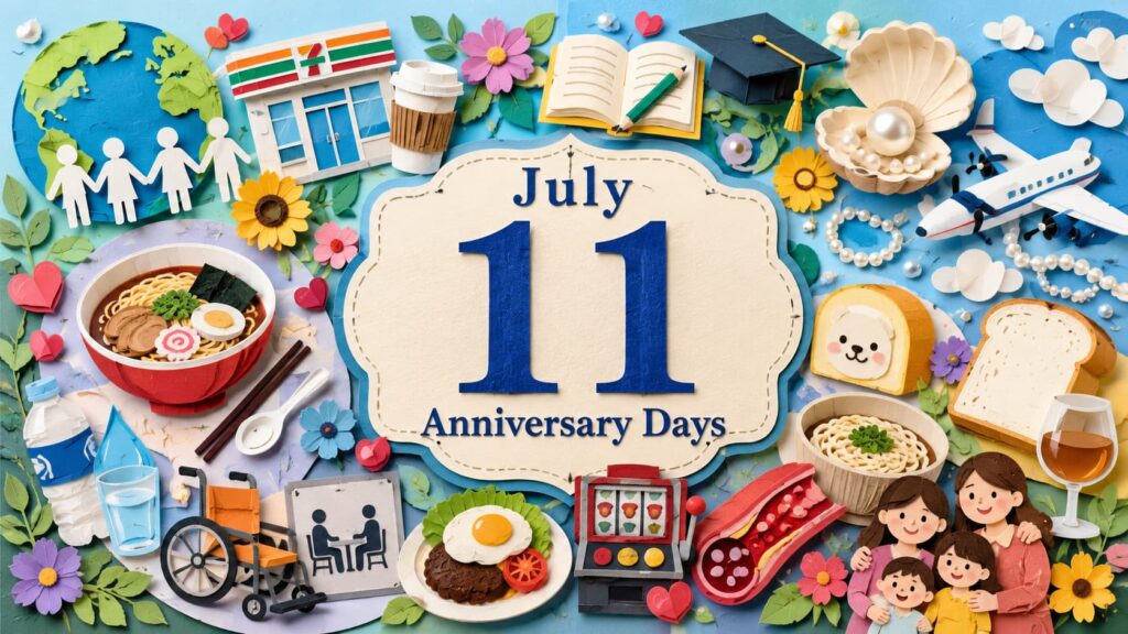 7月11日は何の日かを紹介し、世界人口デー、セブン-イレブンの日、職業教育の日、真珠記念日、ラーメンの日などの由来をまとめた記念日記事