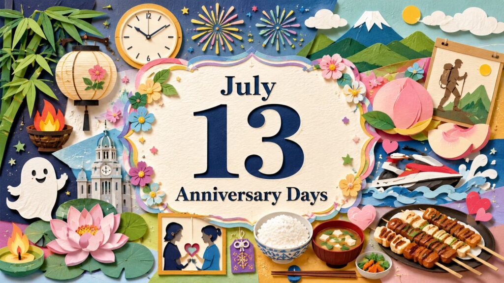7月13日は何の日かを紹介し、盆迎え火、生命尊重の日、日本標準時制定記念日、ナイスの日、ふくしま桃の日などの由来をわかりやすく解説