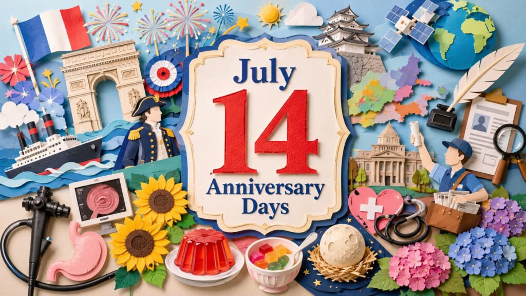 7月14日は何の日かを紹介し、検疫記念日、パリ祭・フランス革命記念日、ペリー上陸記念日、廃藩置県の日、ひまわりの日などの由来をわかりやすく解説