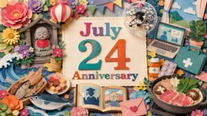 7月24日は何の日かを紹介し、劇画の日、地蔵盆・地蔵会、テレワーク・デイ、セルフメディケーションの日、ドローンサッカーの日など多彩な記念日の由来や意味を伝える内容です。