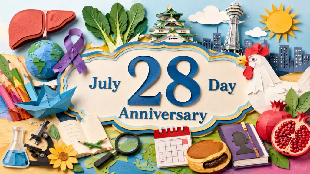 7月28日は何の日かを紹介し、世界肝炎デー、なにわの日、地名の日、第一次世界大戦開戦記念日、自由研究の日の由来を解説