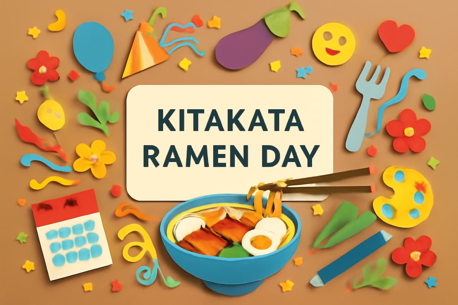 喜多方ラーメンの日を祝うカラフルなペーパーアートとラーメンイラスト